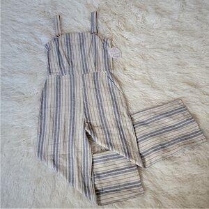 GYPSIES & MOONDUST Cropped Wide Leg Striped Linen Jumpsuit Overalls Sz.S